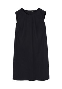 Robe noire sans manches, longueur genou, avec un col rond et une coupe simple et droite.