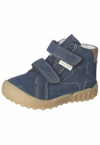 Marineblaue Lederschuhe mit zwei Klettverschlüssen, Sternmuster, Perforationen an der Seite und beigem Gummisohle mit strukturiertem Grip.