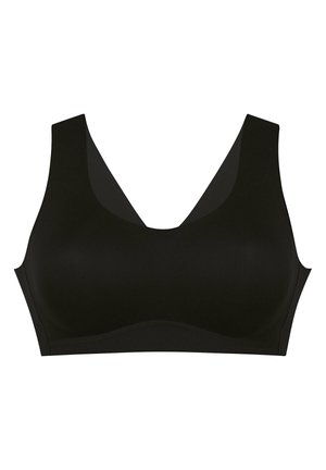 Sostén inalámbrico negro con escote en V, tirantes anchos, textura suave y sin costuras visibles, diseñado para brindar comodidad y soporte.