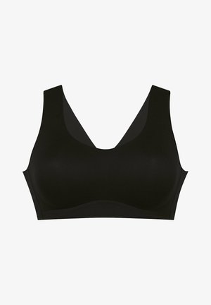 Sostén inalámbrico negro con escote en V, tirantes anchos, textura suave y sin costuras visibles, diseñado para brindar comodidad y soporte.