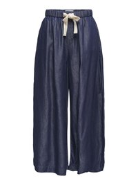 Marineblauwe wijde broekspijpen gemaakt van lichtgewicht stof, met een elastische tailleband en een crèmekleurige trekkoord. Minimalistisch ontwerp.