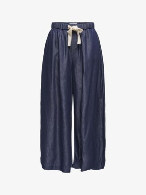 Tmavomodré nohavice širokého strihu z ľahkej látky, s elastickým pásom a krémovo sfarbeným sťahovacím šnúrkou. Minimalistický dizajn.