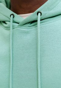 Mintgrüner Hoodie aus weichem Stoff, mit Kordelzug und schwarzen Metallösen sowie einer glatten Textur.