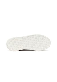 Suola di sneaker bianca con un motivo di trazione testurizzato. Il materiale sembra gomma con una finitura liscia, caratterizzato da una forma arrotondata e bordi pronunciati.