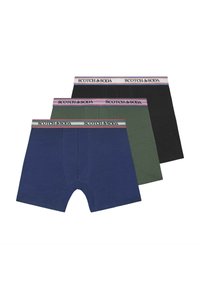 Drei Paar Boxershorts in Marineblau, Olivgrün und Schwarz. Baumwollmaterial mit elastischen Bund und "SCOTCH & SODA"-Logo.