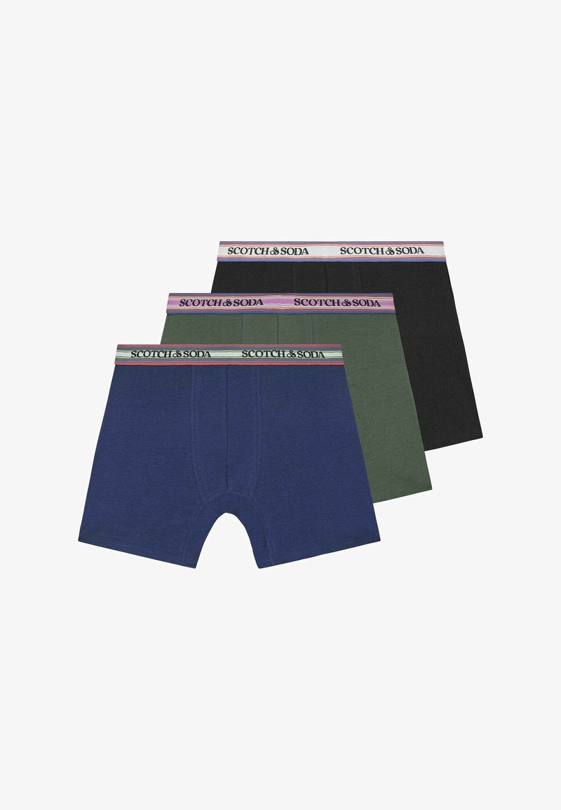 Drei Paar Boxershorts in Marineblau, Olivgrün und Schwarz. Baumwollmaterial mit elastischen Bund und "SCOTCH & SODA"-Logo.