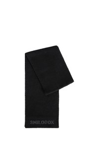 Black ribbed knit scarf featuring a smooth texture and subtle logo detail at the end, designed for warmth and versatility.