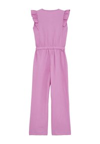 Růžový overal s volánovými rukávy, strukturovanou tkaninou, elastickým pasem a širokým střihem nohavic. Zobrazená zadní strana.