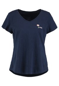 Námorně modré tričko s krátkým rukávem vyrobené z bavlny s příjemným V-výstřihem. Na levé části hrudi se nachází výšivka růžové květiny a nápis "LOVE". Zaoblený lem.