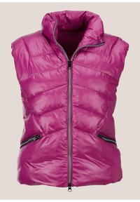 Fuchsia ärmellose wattierte Weste aus glänzendem Material, mit hohem Kragen, Frontreißverschluss und zwei seitlichen Reißverschlusstaschen.