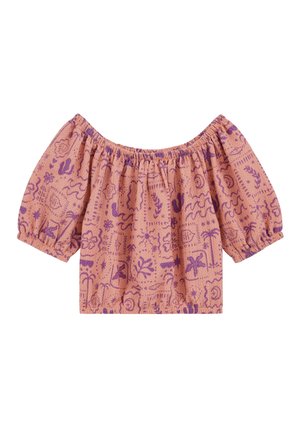 Broskyňovo sfarbená blúzka s odhalenými ramenami, s elastickým výstrihom a rukávmi, s fialovým abstraktným tropickým a geometrickým vzorom.