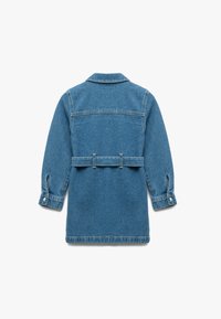 Klassinen vaaleansininen farkkutakki, jossa on kaulus, pitkät hihat ja vyötäröä korostava muotoilu. Varustettu napillisilla hihansuilla ja selkäosassa on yoke-yksityiskohta.