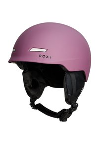 Pink matte ski helmet with gray accents, soft black ear pads, and adjustable chin strap. Features Roxy branding on the side.