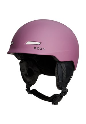 Pink matte ski helmet with gray accents, soft black ear pads, and adjustable chin strap. Features Roxy branding on the side.