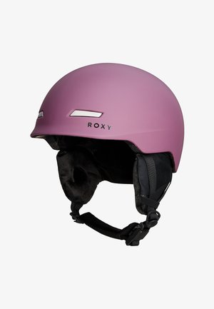 Roze matte skihelmet met grijze accenten, zachte zwarte oorkussens en een verstelbare kinband. Kenmerkt Roxy-branding aan de zijkant.