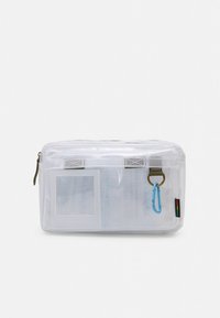 Transparent zippered pouch made of mesh material, featuring a blue carabiner, with two side compartments and a rectangular shape.