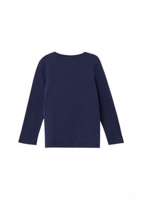 Granatowa koszula z długim rękawem i okrągłym dekoltem, wykonana z miękkiej bawełny. Prosty fason, bez widocznych wzorów czy akcentów. Klasyczny krój.