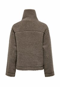 Hnědá sherpa bunda s vysokým límcem, dlouhými rukávy a hladkou strukturou. Má jednoduchý, nezdobený design a rovný střih.