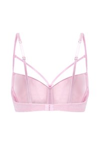 Pink lace bralette with adjustable straps, featuring a sheer back and a V-shaped design. Textured lace trim along the band.