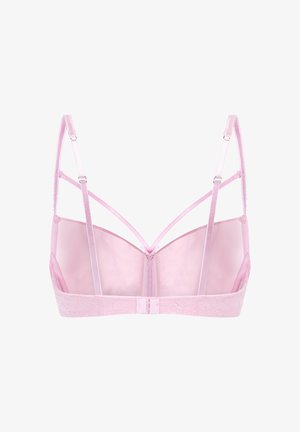 Roze kanten bralette met verstelbare bandjes, met een doorzichtige rug en een V-vormig ontwerp. Gelaagd kanten zoom langs de band.