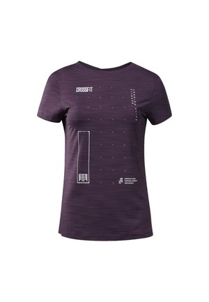 Short-sleeve purple athletic T-shirt featuring horizontal stripes, "CROSSFIT" logo, and graphic patterns in white on the front.