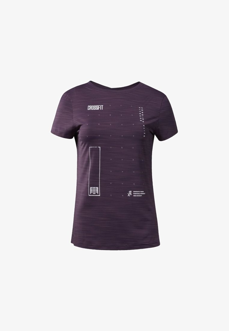 Kortärmad lila atletisk t-shirt med horisontella ränder, "CROSSFIT"-logotyp och grafiska mönster i vitt på framsidan.