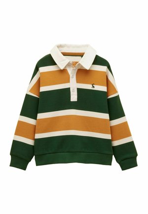 Rugbyshirt met lange mouwen in groen, mosterdgeel en wit met horizontale strepen, een witte kraag, knoopsluiting en een klein geborduurd logo op de borst.