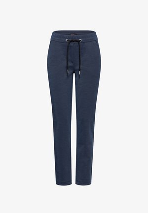 Pantalon de jogging bleu marine en tissu doux, avec une taille élastique équipée d'un cordon de serrage et une coupe fuselée.