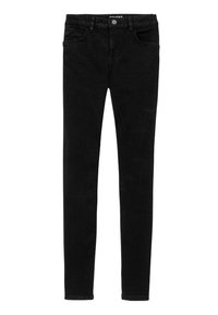 Jean noir slim fit en denim, avec un design classique à cinq poches, des coutures discrètes et une fermeture à bouton en métal à la taille.