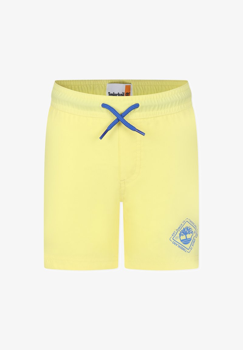 Un short de bain jaune avec un cordon bleu, arborant un logo Timberland bleu en bas à droite. Tissu lisse et coupe courte.