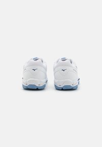 White athletic shoes with a textured mesh upper, blue accents, padded collar, and a durable rubber outsole. Suitable for sports and casual wear.