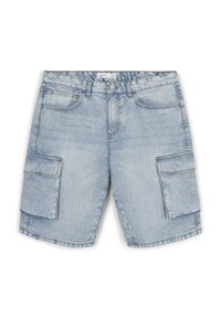 Pantaloni cargo in denim azzurro chiaro con taglio dritto, due grandi tasche laterali, texture sbiadita e chiusura con bottone in vita.