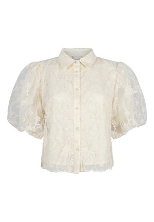 Crèmekleurige blouse met korte mouwen, pofmouwen, geborduurde bloemenkant, knoopsluiting aan de voorkant en een klassieke kraag.
