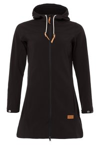 Chaqueta negra impermeable con capucha, cierre de cremallera y detalles en drawstring color tostado. Presenta un corte recto y bolsillos laterales.