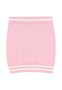 Top tubolare rosa lavorato a maglia con strisce bianche all'orlo. Tessuto morbido e elasticizzato. Forma semplice e cilindrica senza dettagli aggiuntivi.