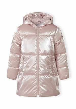 Veste d'hiver matelassée rose pâle brillante avec capuche, fermeture éclair frontale et deux poches latérales zippées, conçue pour temps froid.