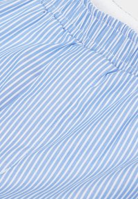 Blue and white striped fabric with an elastic waistband, showcasing fine, even stripes and smooth, lightweight texture.