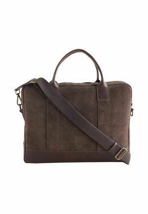 Brown suede and leather briefcase with dual handles and an adjustable shoulder strap, suitable for professional use.