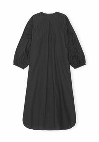 Rochie neagră dintr-un material cu textură netedă, având mâneci lungi tip puff, decolteu rotund și un design pliat pe spate.