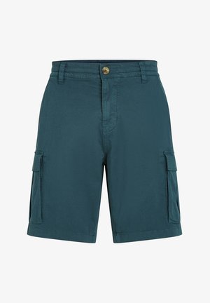 Teal cargo shorts van lichtgewicht stof, met frontzakken, zijcargozakken en een knoopsluiting in de taille.