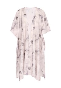 Kimono ușor, cu model floral în tonuri de bej și gri, având o croială lejeră, mâneci largi și fără închizători pentru un confort sporit.