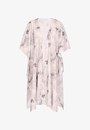 Kerge, lillemustriga kimono pehmest beežist ja hallist, laia lõikega, avarate varrukatega ja ilma kinnitusteta, mugavaks kandmiseks.