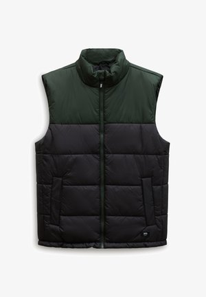 Puffweste mit hohem Kragen, bestehend aus einem grünen oberen Abschnitt und einem schwarzen unteren Bereich, Frontreißverschluss und zwei Seiten Taschen. Texturiertes Material.