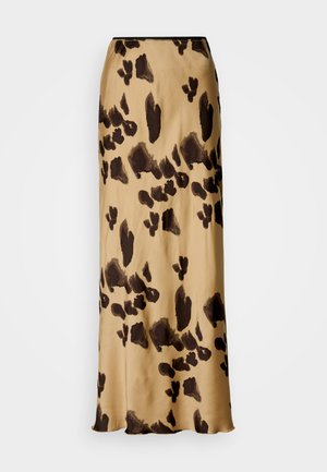 Beige Midi-Rock mit unregelmäßigem dunkelbraunem Leopardenmuster, gerader Schnitt und leichtem Glanz auf dem Stoff.
