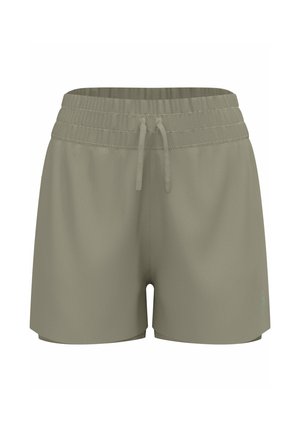 Green athletic shorts made from lightweight material, featuring an elastic waistband with drawstring, and a subtle textured pattern.