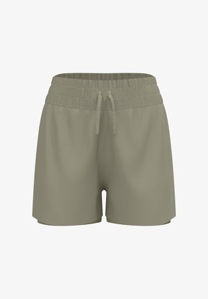 Grüne Sportshorts aus leichtem Material, mit einem elastischen Bund und Kordelzug, sowie einem dezenten strukturierten Muster.