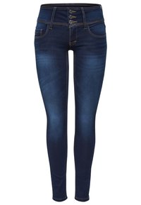 Smala jeans i mörkblå denim med en slät textur. Har hög midja, fyra-knappars gylf och kontrasterande sömmar på fickorna.