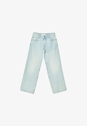 Jeans azzurri a gamba larga realizzati in denim, con vita media, cinque tasche e un lavaggio sbiadito con leggere abrasioni.