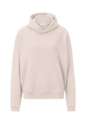 Hellbeiges Kapuzen-Sweatshirt mit lockerem Schnitt, einer Fronttasche und gerippten Bündchen. Glatte Textur und minimalistisches Design.