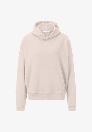 Sudadera con capucha de color beige claro, con un ajuste relajado, un bolsillo delantero y puños acanalados. Textura suave y diseño minimalista.